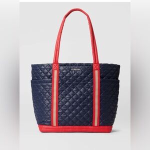 Navy and Red Quilted Tote Bag